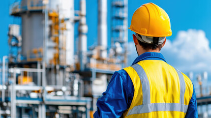 engineer in yellow hard hat and safety vest observes industrial site, showcasing importance of safety and professionalism in engineering