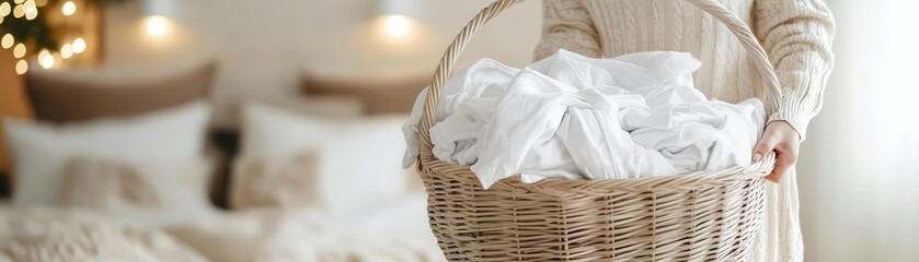 Obraz premium Person holding laundry basket filled with clean white clothes, cozy bedroom setting with soft furnishings in the background, home comfort, sense of cleanliness and peace