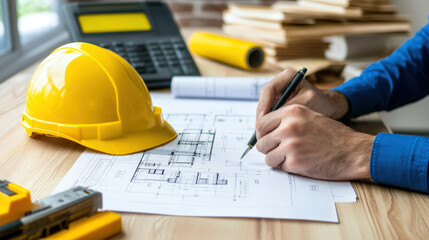 construction worker is reviewing blueprints at design desk, showcasing yellow hard hat, calculator, and various drafting tools. scene reflects focus and professionalism