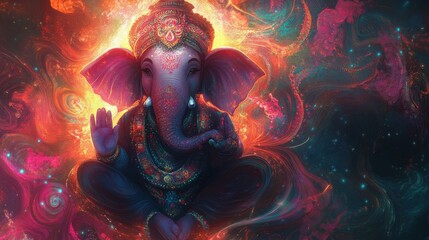 Fototapeta premium Cheerful Batukham with a glowing aura, amidst a striking abstract backdrop of swirling patterns and radiant colors.