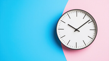 flat lay of wall clock on pastel blue and pink background, showcasing modern design. clocks...