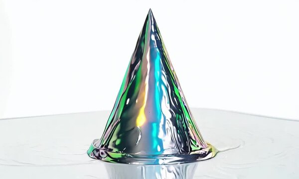 A metallic cone-shaped object with an iridescent surface, reflecting various colors under bright studio lighting