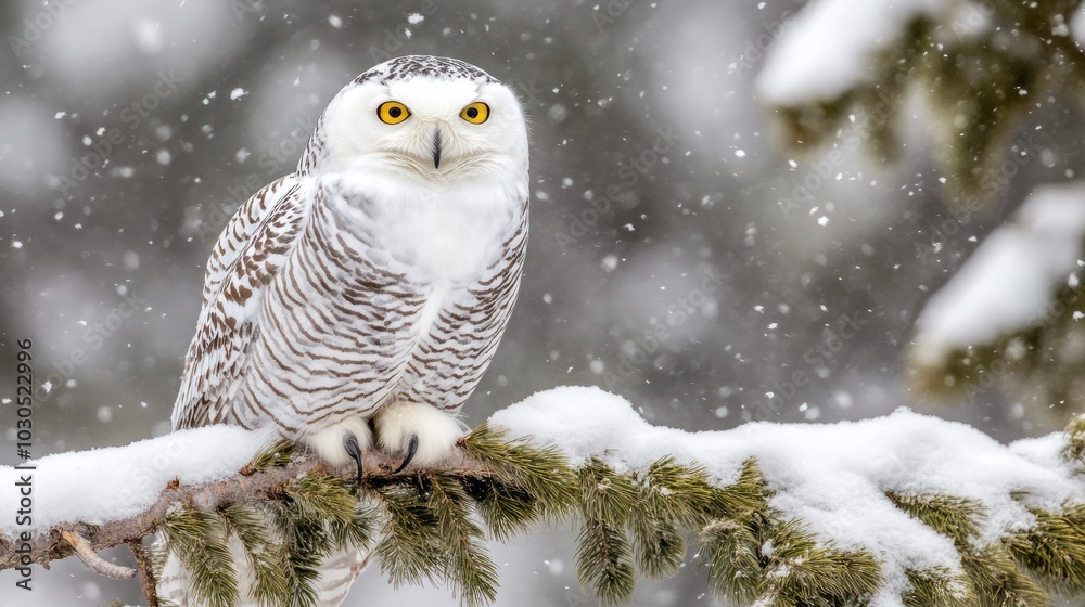 Canvas Prints A snowy owl perched on a branch during a snowfall, showcasing its striking features.