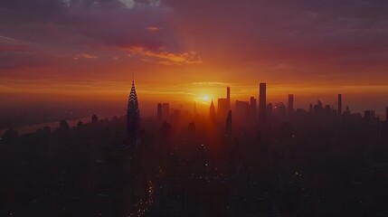 Fototapeta premium Stunning sunset over a silhouetted city skyline with dramatic clouds.
