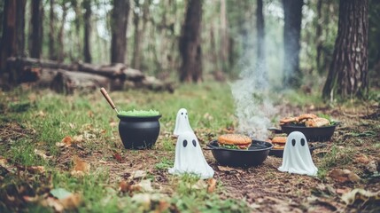 Spooky Halloween BBQ in an American suburban backyard ghost-shaped burgers grilling