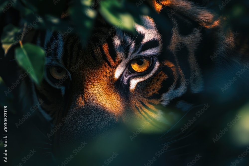 Wall mural A close-up of a tiger's piercing eyes peering through dense foliage.