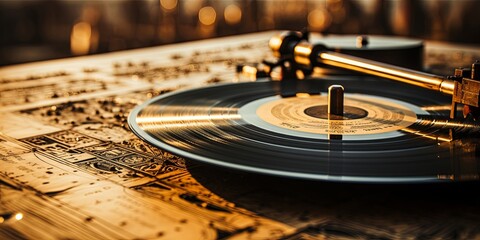Obraz premium A Vintage Record Player with a Shiny Black Vinyl Record Spinning on a Worn Sheet of Music