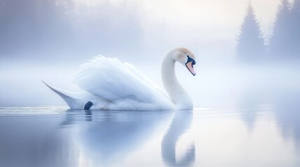 A serene swan glides through a misty lake, creating a tranquil atmosphere.