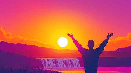 Fototapeta premium A man stands by a beautiful waterfall at sunset, with his arms raised to the sky, embodying tranquility and a sense of self-acceptance in nature.