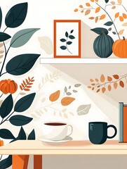 Cozy Autumn Home Decor with Seasonal Harvest Accents in Flat Style