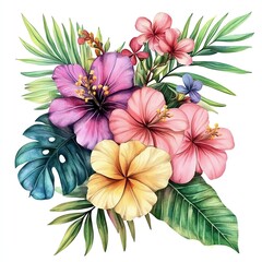 Obraz premium A vibrant arrangement of tropical flowers and foliage, perfect for adding a fresh touch to any design project.