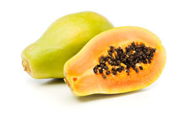 Whole and half Papaya fruits on white background