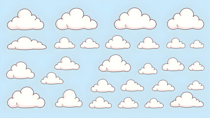 Playful cartoon cloud pattern with pink outline on light blue, Generative AI