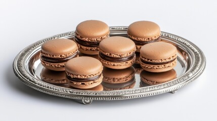 Chocolate macarons on a silver tray, with a soft pastel background that emphasizes the dark richness of the chocolate filling.