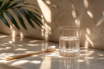 Bamboo toothbrush, glass of water, and palm leaf on a beige background with sunlight.