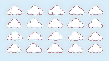 Cartoon-style clouds with outline on light blue background, Generative AI