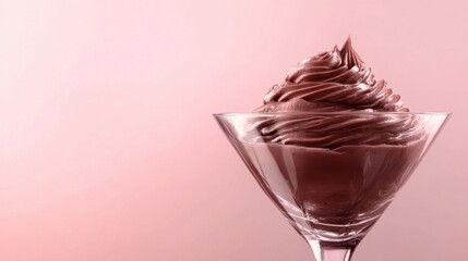 Chocolate mousse in an elegant glass cup, with a soft, pastel background that makes the rich, creamy texture stand out.