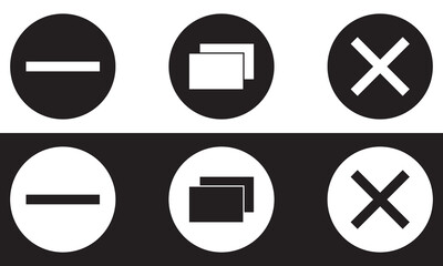 Minimize, Maximize, and Close button icon vector for web and UI. Web buttons for software and application.  Vector illustration isolated on white and black background. EPS 10