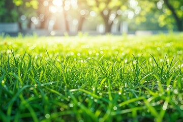 Lush green grass with sunlight streaming through, creating a vibrant scene.