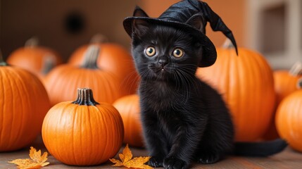 Black Cat in Witch's Hat with Halloween Pumpkins on Orange Background, Copy Space for Banner Design, Halloween Celebration Concept
