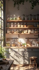Serene Bakery Kitchen with Charming Shelves