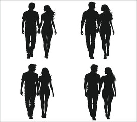 Romantic couple silhouettes, Silhouettes of young couple walking vector, Set of couple waking silhouettes, Black silhouettes of young couple walking 