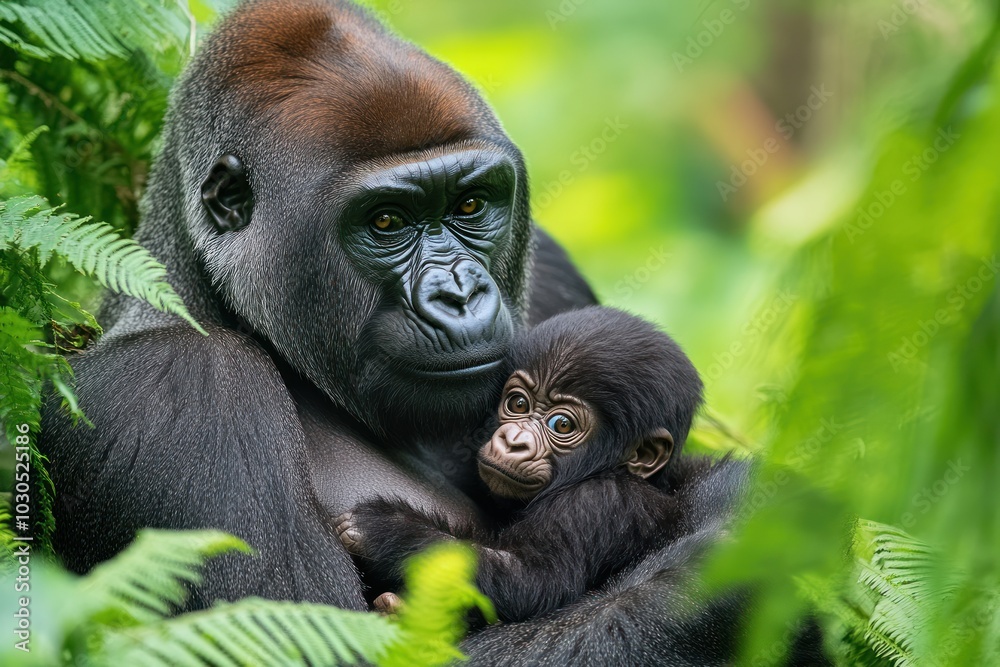 Wall mural A mother gorilla embraces her baby in a lush green environment.