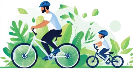 Father and son cycling together in nature among lush greenery