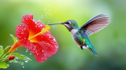 Fototapeta premium A hummingbird hovering near a vibrant red hibiscus flower with droplets of water.