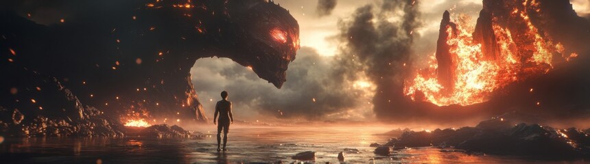 Epic Confrontation in a Surreal Landscape: A Journey into the Realm of Fire and Fantasy
