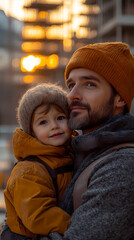 Obraz premium An autumn leaf fall walk with father and daughter. The concept of fatherhood, adventure, and family with one child. Banner with copy space.