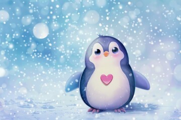 Cute penguin with heart in festive winter wonderland for valentine's day. AI