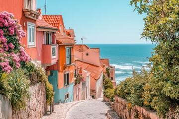 Fototapeta premium A colorful coastal street with blooming flowers and a view of the ocean.