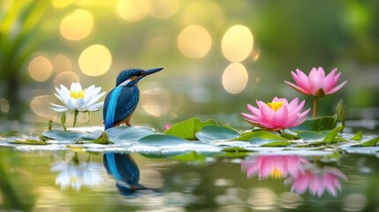 Obraz premium A kingfisher perched among vibrant water lilies in a serene pond setting.