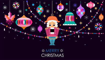 Merry Christmas and Happy New Year holiday template banner,  cover in geometric  style Santa,  Nutcracker;  ball toy, christmas tree, snowflake  Modern Xmas flat  vector illustration