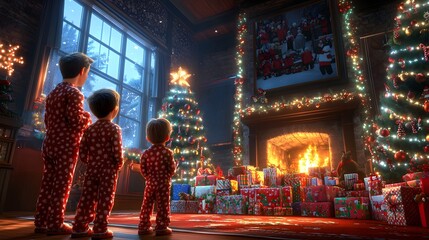 Obraz premium Three children in festive pajamas mesmerized by a cozy Christmas scene.