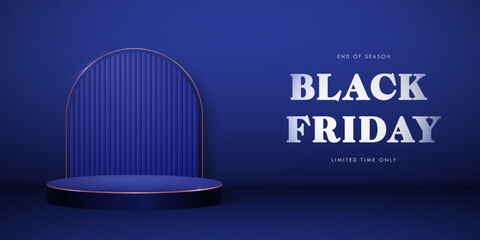 Blue stage with Black Friday text, end-of-season concept, limited time