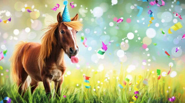 A pony wearing a party hat shows tongue while standing in a flower field. Confetti and festive ribbons fall all around. Event poster template with animal.