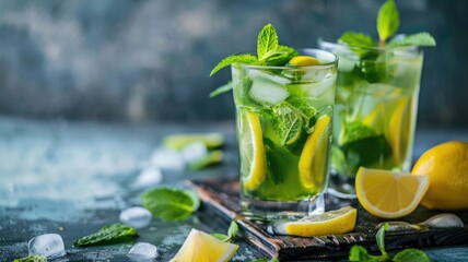 Fototapeta premium Refreshing lemon mint mojito with ice cubes and fresh mint garnish for summer beverage inspiration