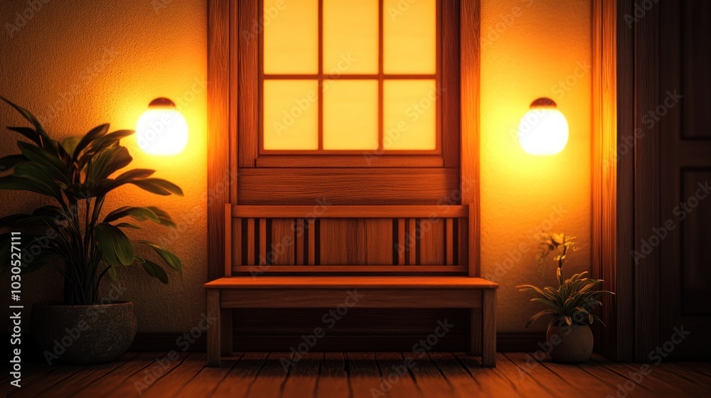 Poster A cozy wooden bench in a warmly lit space with plants and wall sconces.