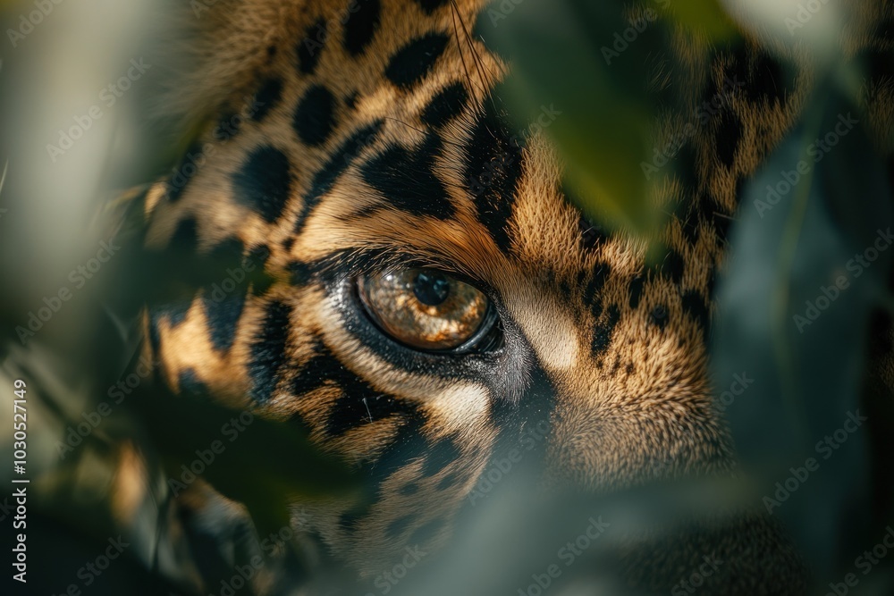 Poster Close-up of a jaguar's eye peering through foliage, showcasing its striking features.