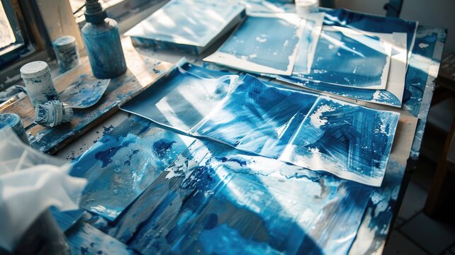 Creative art studio with cyanotype prints and blue tones for inspiring design projects