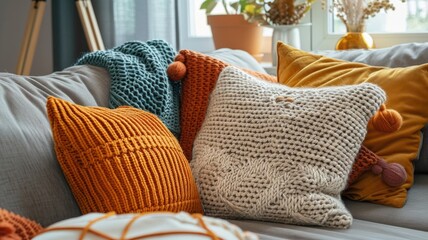 Cozy home decor with knitted and velvet throw pillows in living room