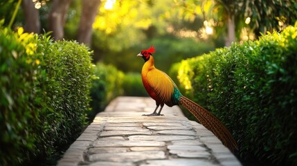 A colorful pheasant standing on a stone path surrounded by lush greenery.