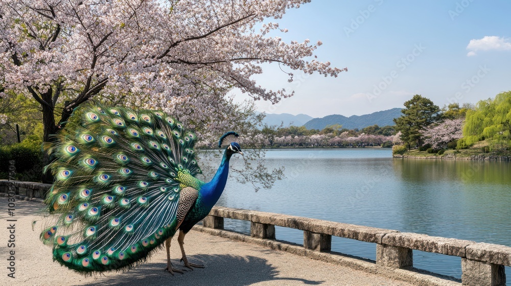 Sticker A vibrant peacock displays its feathers near a serene lake surrounded by cherry blossoms.