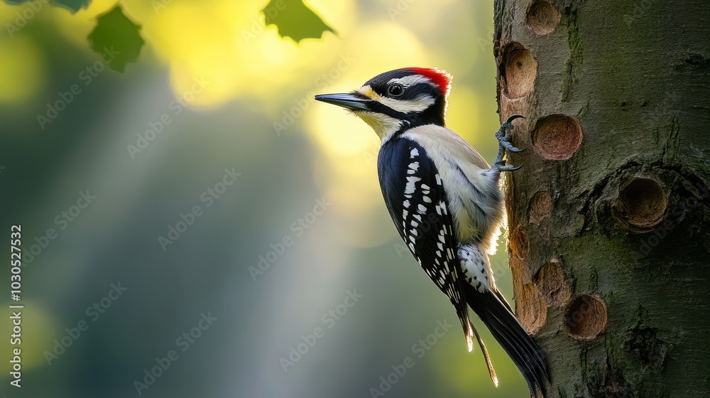 Poster A woodpecker perched on a tree, showcasing its vibrant plumage and natural habitat.