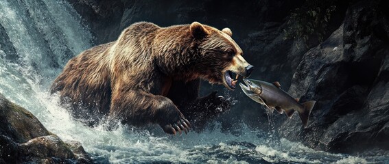 A bear catching a fish in a river, showcasing wildlife interaction in a natural setting.