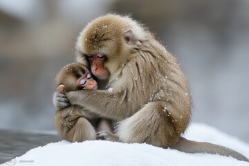 Obraz premium A tender moment between a mother monkey and her baby in a snowy landscape.