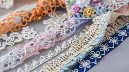 Obraz premium Intricate and colorful lace ribbon collection for crafting and decoration
