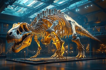 Tyrannosaurus Rex skeleton on display in a museum exhibit.